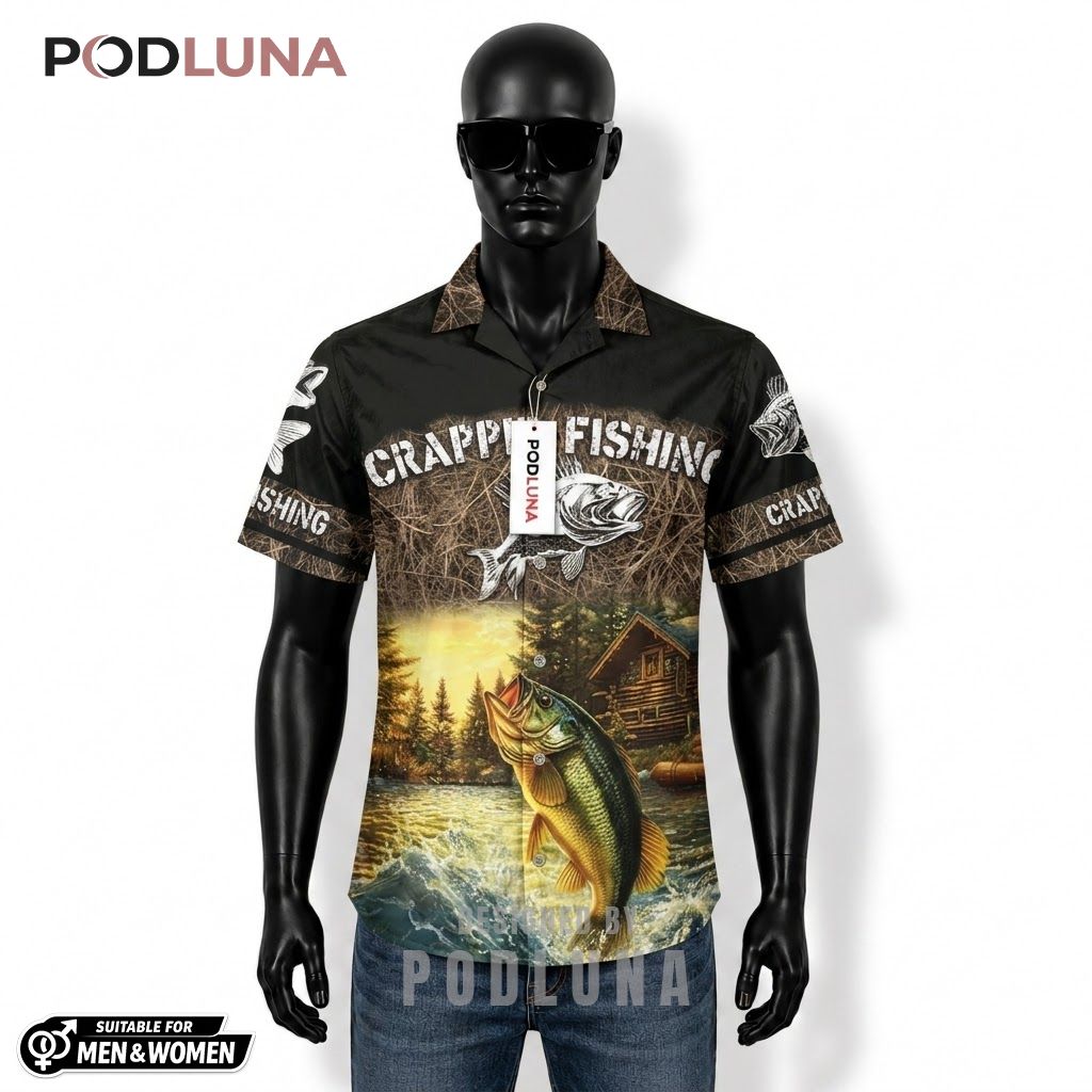 Crappie Fishing Hawaiian Shirt Sunset Cabin Lake Print Front