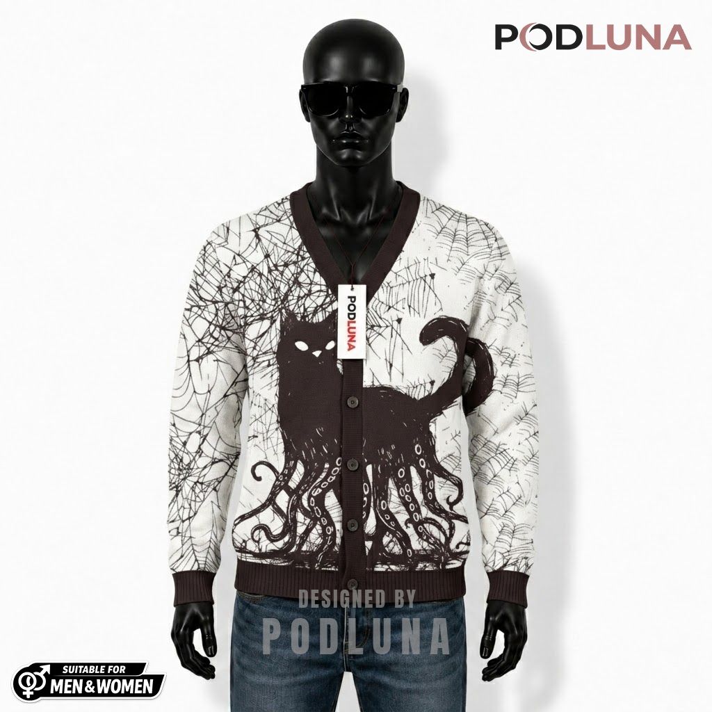 Creepy Halloween Cardigan Cat Octopus Web 1