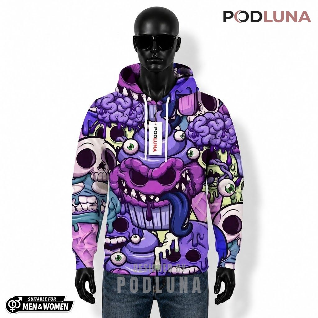 Cupcake Halloween 3D Hoodie Purple Monster Cartoon Design 1