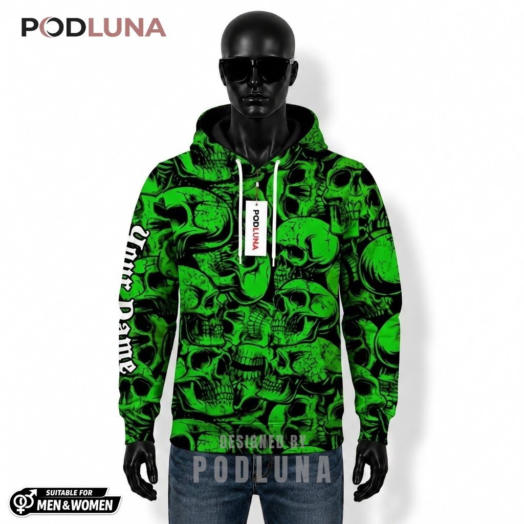 Custom Halloween 3D Hoodie Green Skull Camo Repeat Print 1