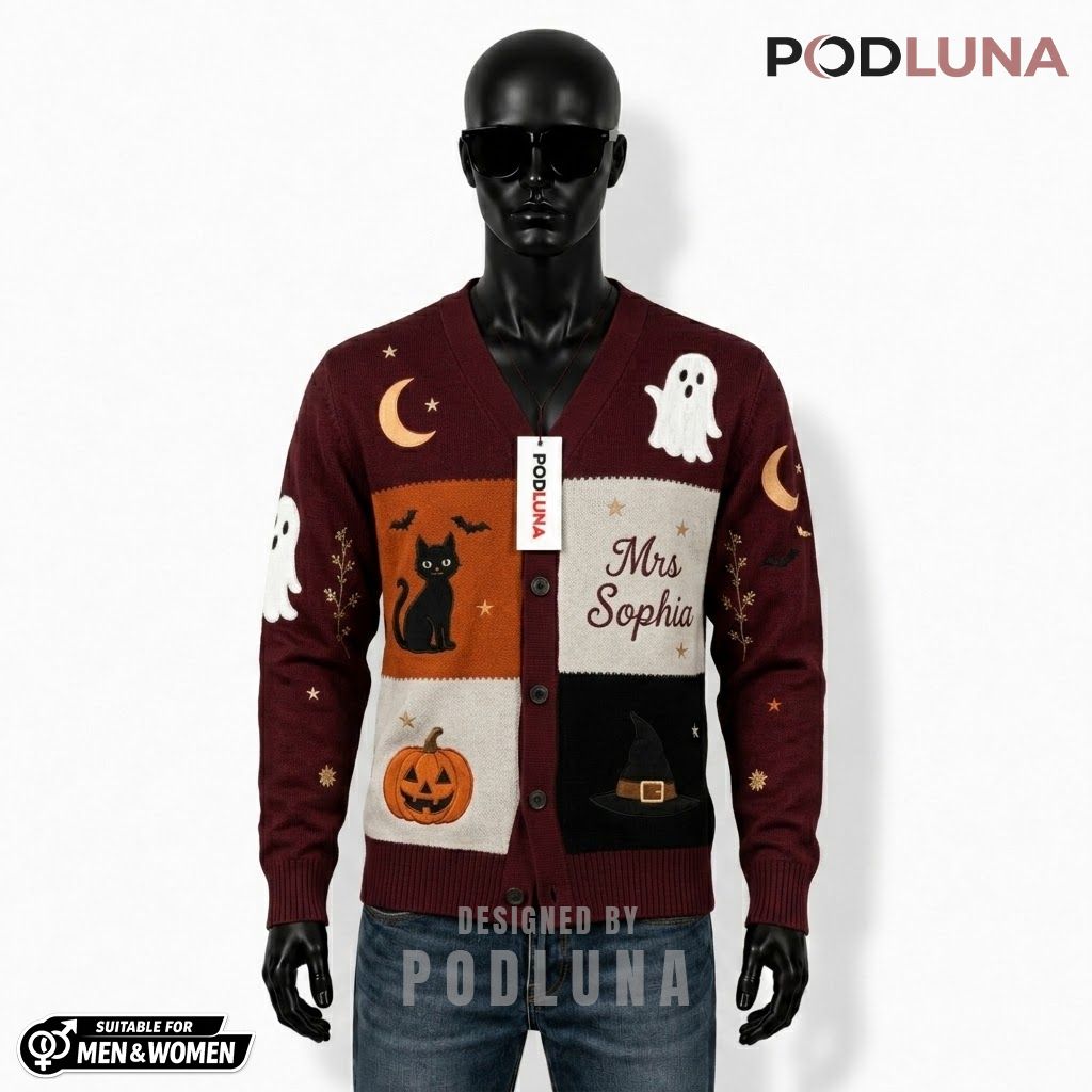 Custom Name Halloween Cardigan Color Block Ghost 1