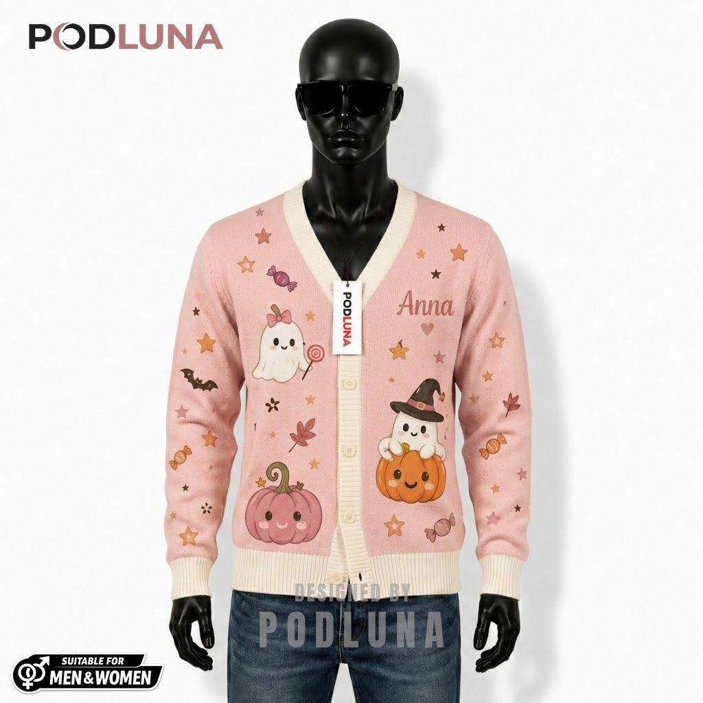 Custom Name Halloween Cardigan Cute Ghost Pumpkin 1