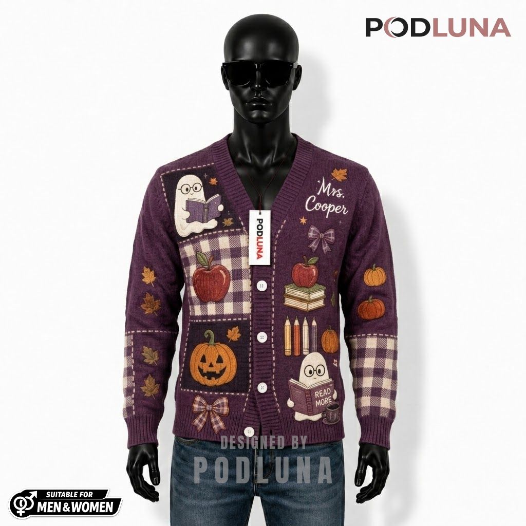 Custom Name Halloween Cardigan Ghost Reading Club 1