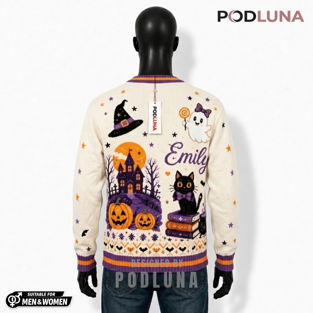Custom Name Halloween Cardigan Haunted House Black Cat Emily 2 Custom Name Halloween Cardigan Haunted House Black Cat Emily 2