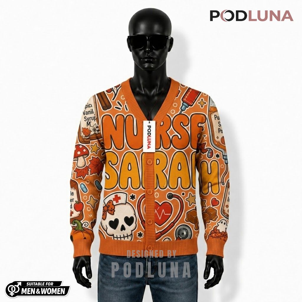Custom Name Halloween Cardigan Nurse Pumpkin Spice 1