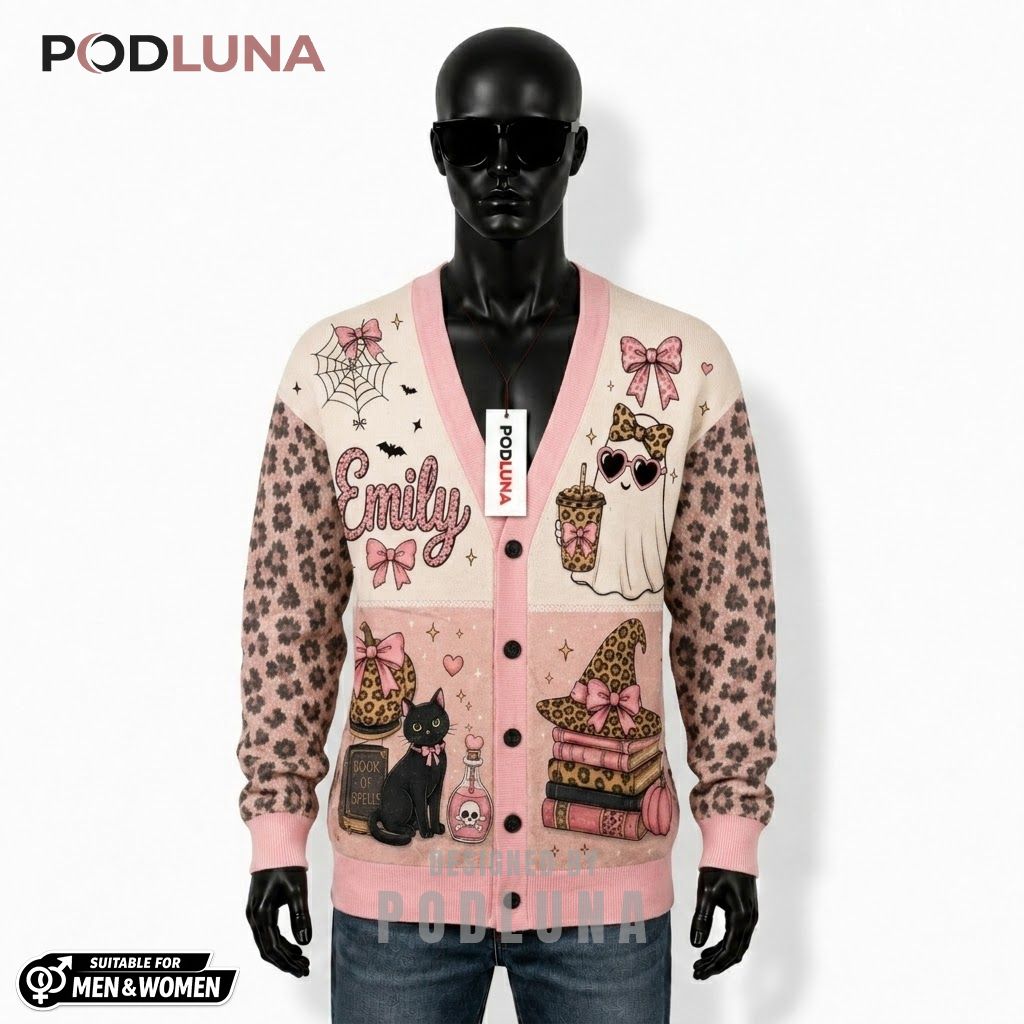 Custom Name Halloween Cardigan Pink Leopard Ghost 1