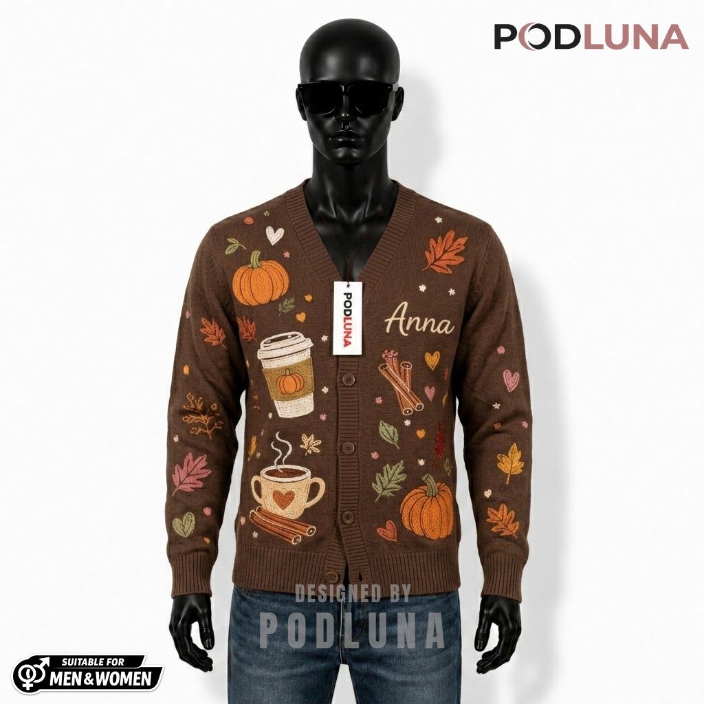 Custom Name Halloween Cardigan Pumpkin Spice Latte 1