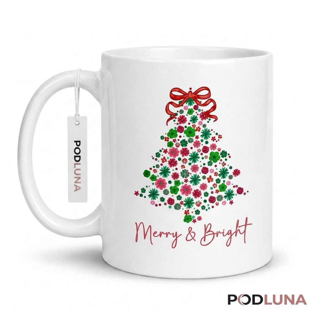 Cute Christmas Mugs Floral Christmas Tree Merry And Bright Coffee Cup 1