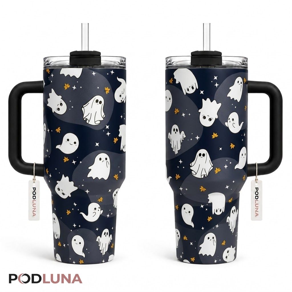 Cute Ghost Halloween Tumbler 40oz Black Night Star Design