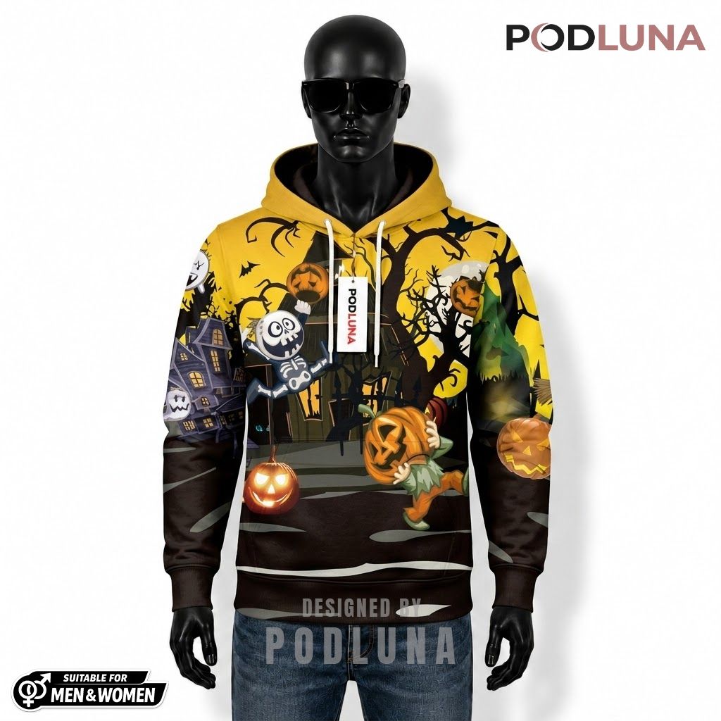 Cute Halloween 3D Hoodie Cartoon Haunted House Pumpkin Skeleton 1