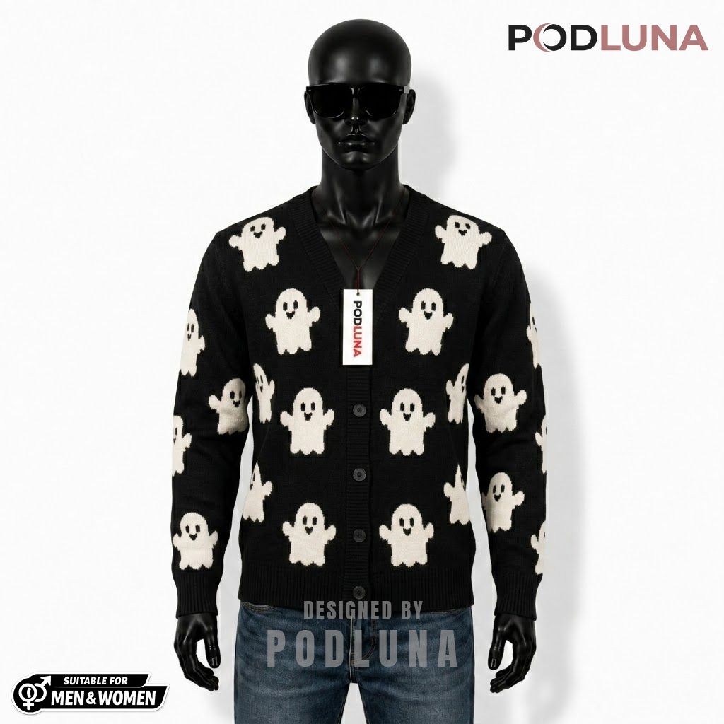 Cute Halloween Cardigan Ghost Print Sweater 1