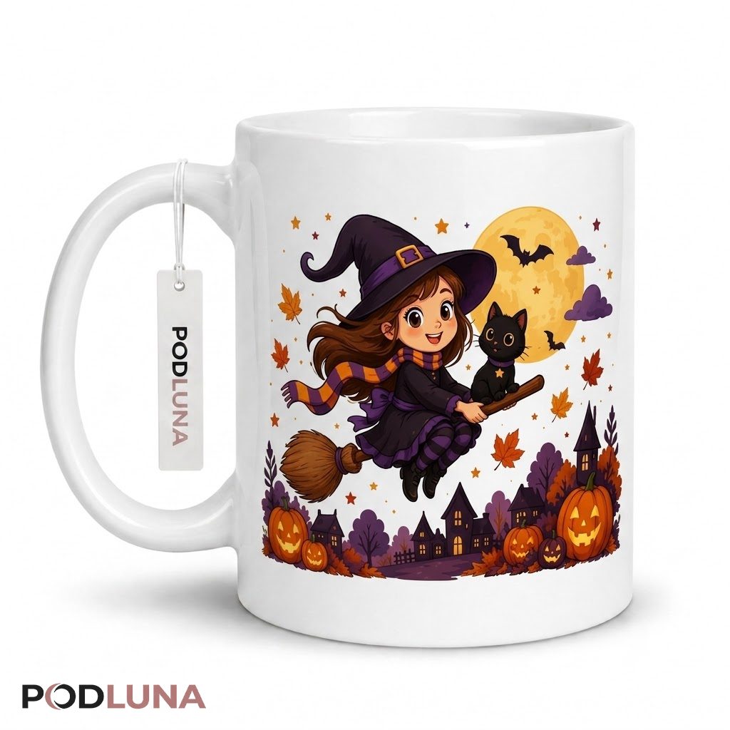 Cute Halloween Mug Witch Girl Broom Cat Pumpkin 1