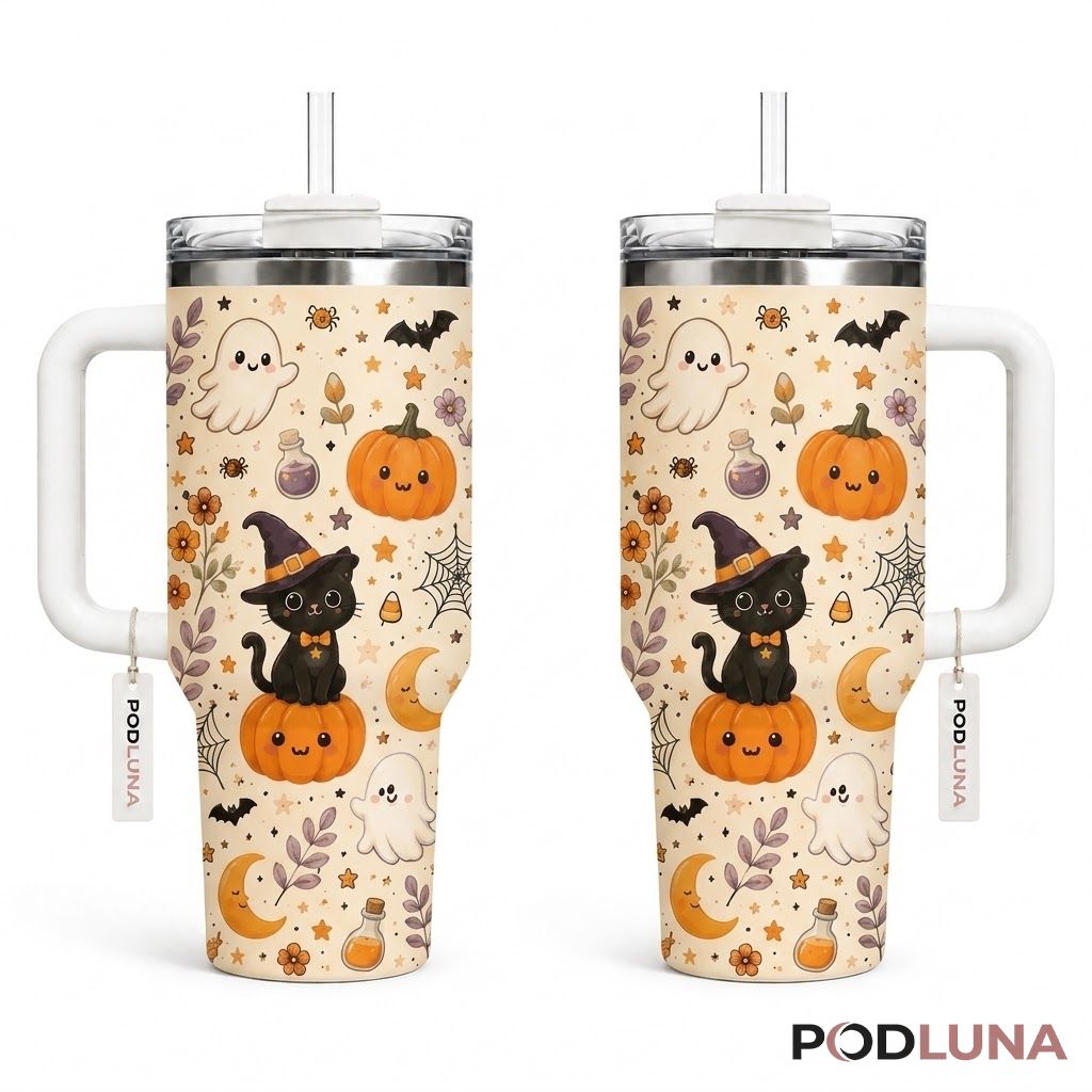 Cute Halloween Tumbler 40oz Kawaii Cat Ghost Floral Design