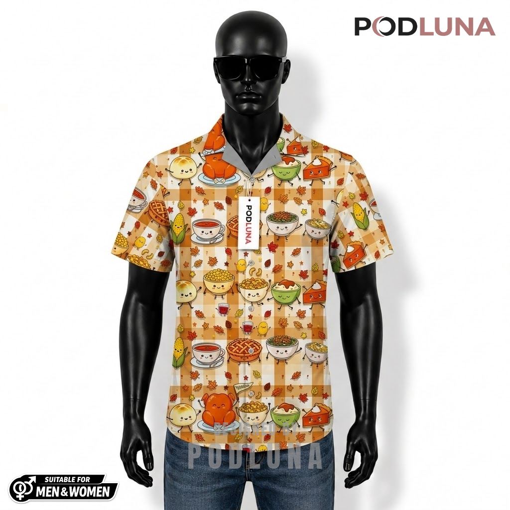 Cute Thanksgiving Dinner Food Hawaiian Shirt Plaid Autumn Leaves Front