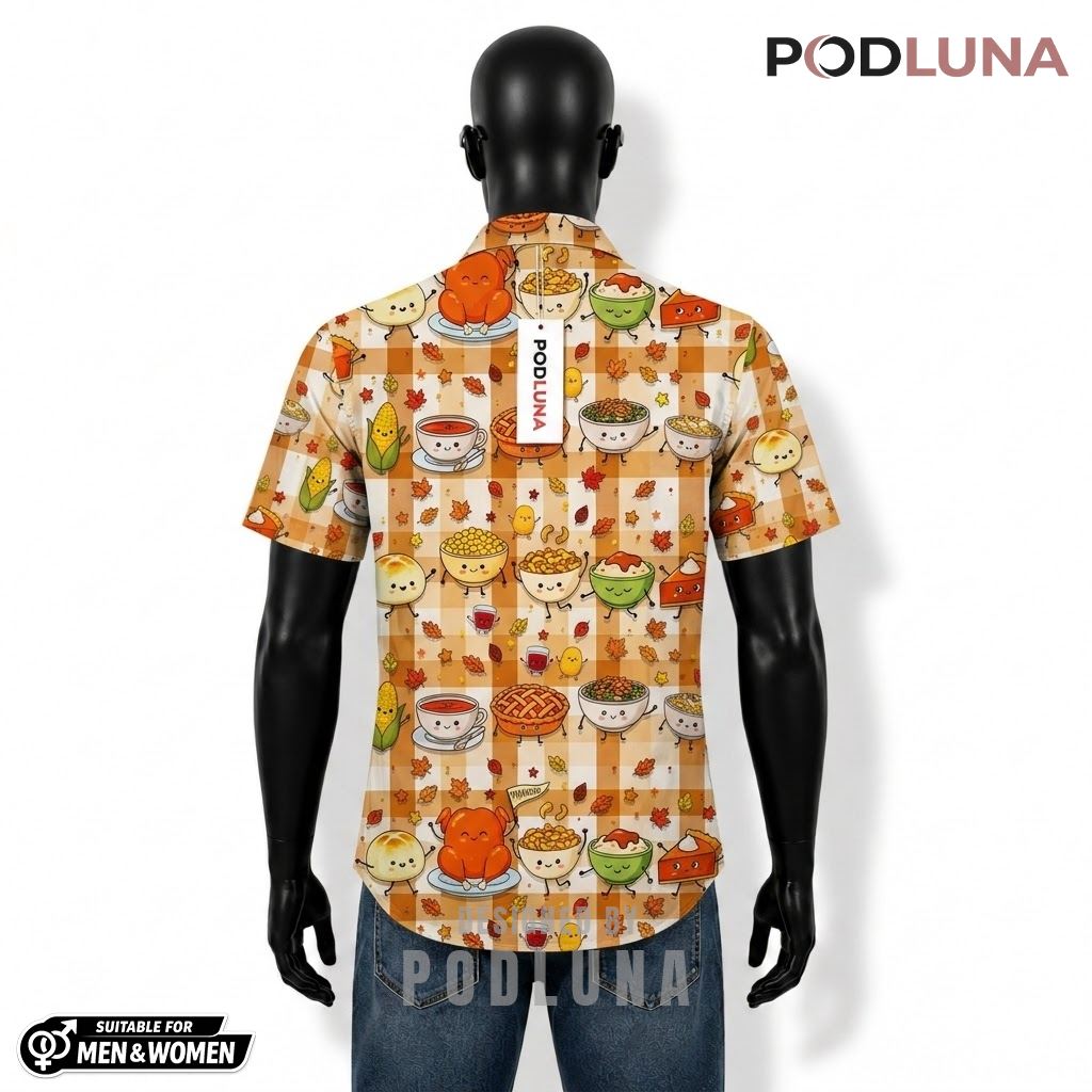 Cute Thanksgiving Dinner Food Hawaiian Shirt Plaid Autumn Leaves Back Cute Thanksgiving Dinner Food Hawaiian Shirt Plaid Autumn Leaves Back