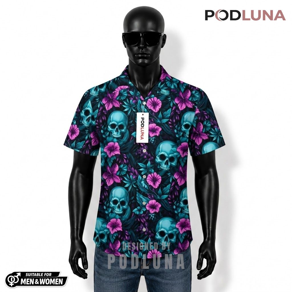 Cyan Skull Halloween Hawaiian Shirt Hibiscus Floral Front