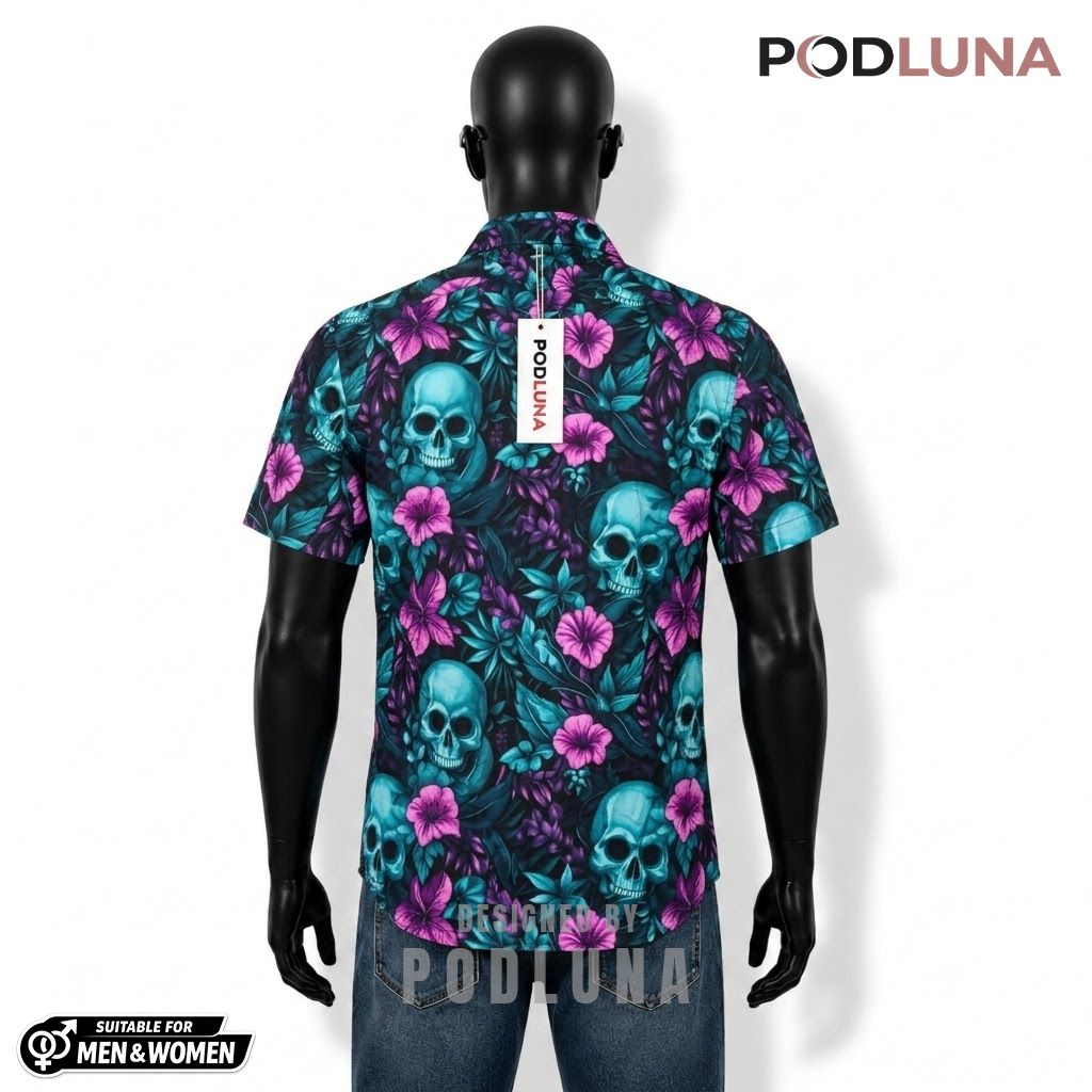Cyan Skull Halloween Hawaiian Shirt Hibiscus Floral Back Cyan Skull Halloween Hawaiian Shirt Hibiscus Floral Back