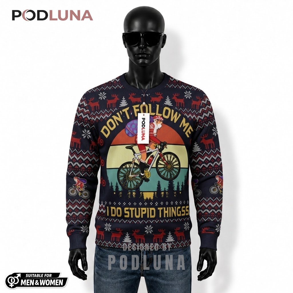Cycling Santa Ugly Christmas Sweater Don't Follow Me Front