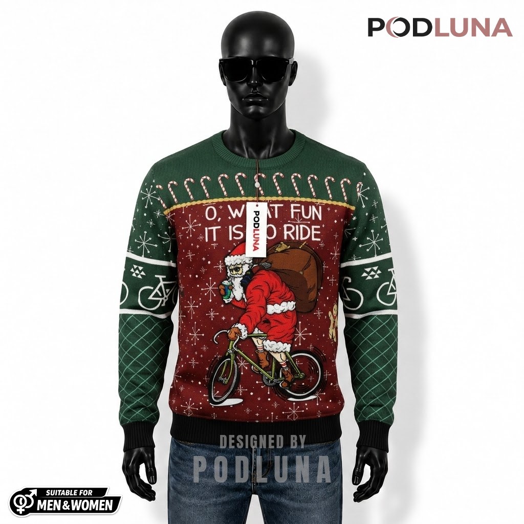 Cycling Santa Ugly Christmas Sweater Fun Bicycle Ride Front