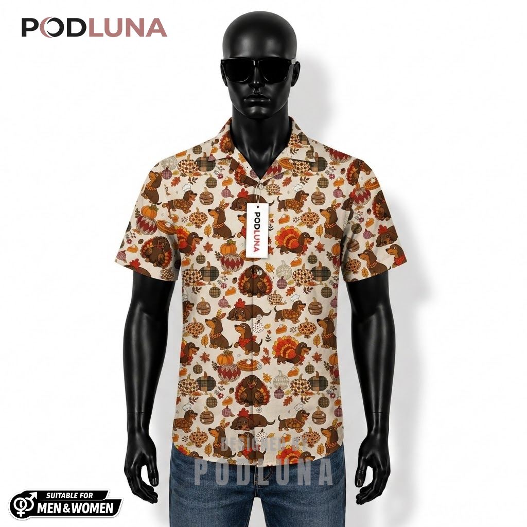 Dachshund Thanksgiving Hawaiian Shirt Pumpkin Turkey Autumn Leaves Front