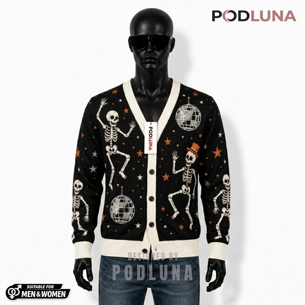 Dancing Halloween Cardigan Disco Skeleton Party Stars 1