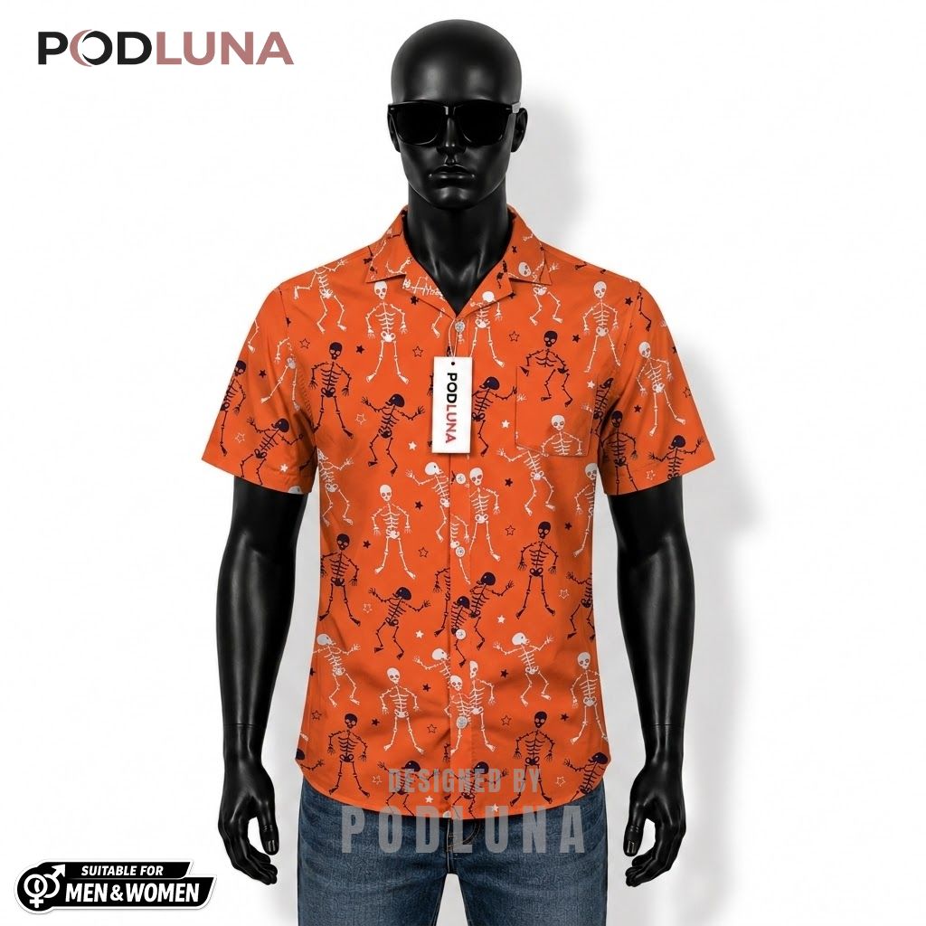 Dancing Skeleton Halloween Hawaiian Shirt Orange Star Front