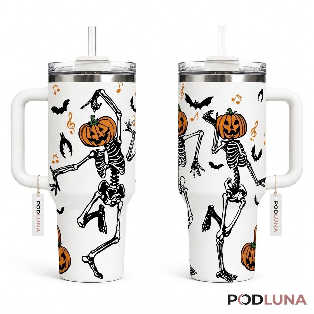Dancing Skeleton Halloween Tumbler 40oz Pumpkin Head Music Notes Design
