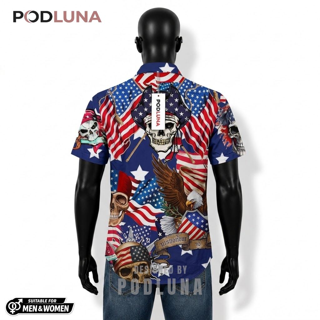 Death Or Dishonour Patriotic Hawaiian Shirt Skull Eagle Print Back Death Or Dishonour Patriotic Hawaiian Shirt Skull Eagle Print Back
