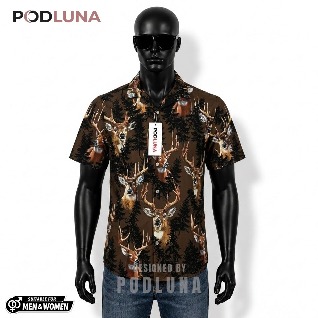Deer Hunting Hawaiian Shirt Pine Forest Silhouette Front