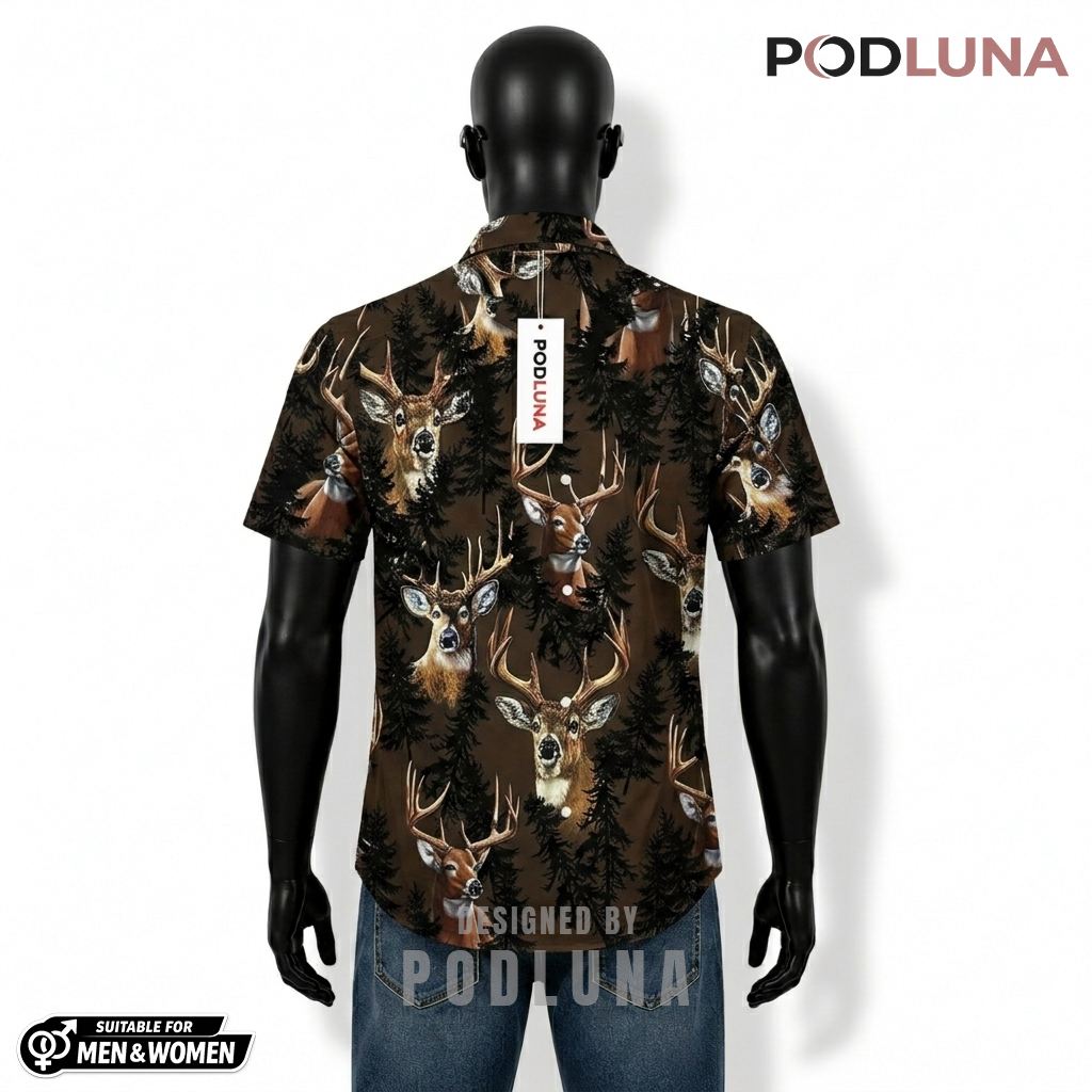 Deer Hunting Hawaiian Shirt Pine Forest Silhouette Back Deer Hunting Hawaiian Shirt Pine Forest Silhouette Back