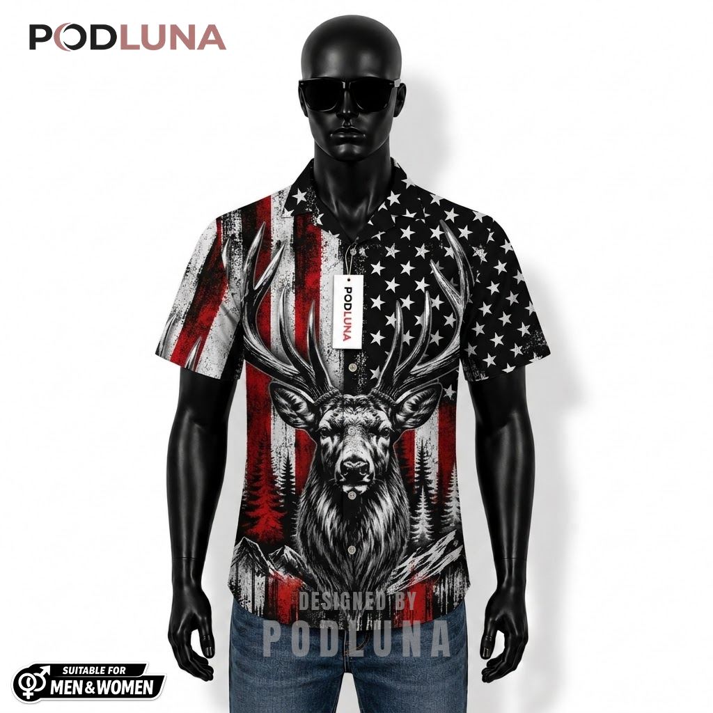 Deer Patriotic Hawaiian Shirt USA Flag Mountain Print Front