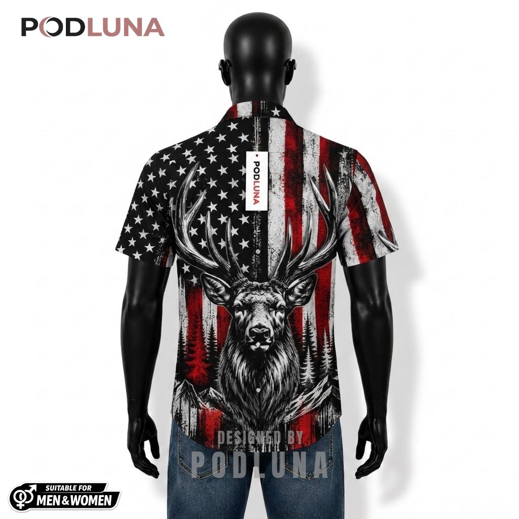 Deer Patriotic Hawaiian Shirt USA Flag Mountain Print Back Deer Patriotic Hawaiian Shirt USA Flag Mountain Print Back