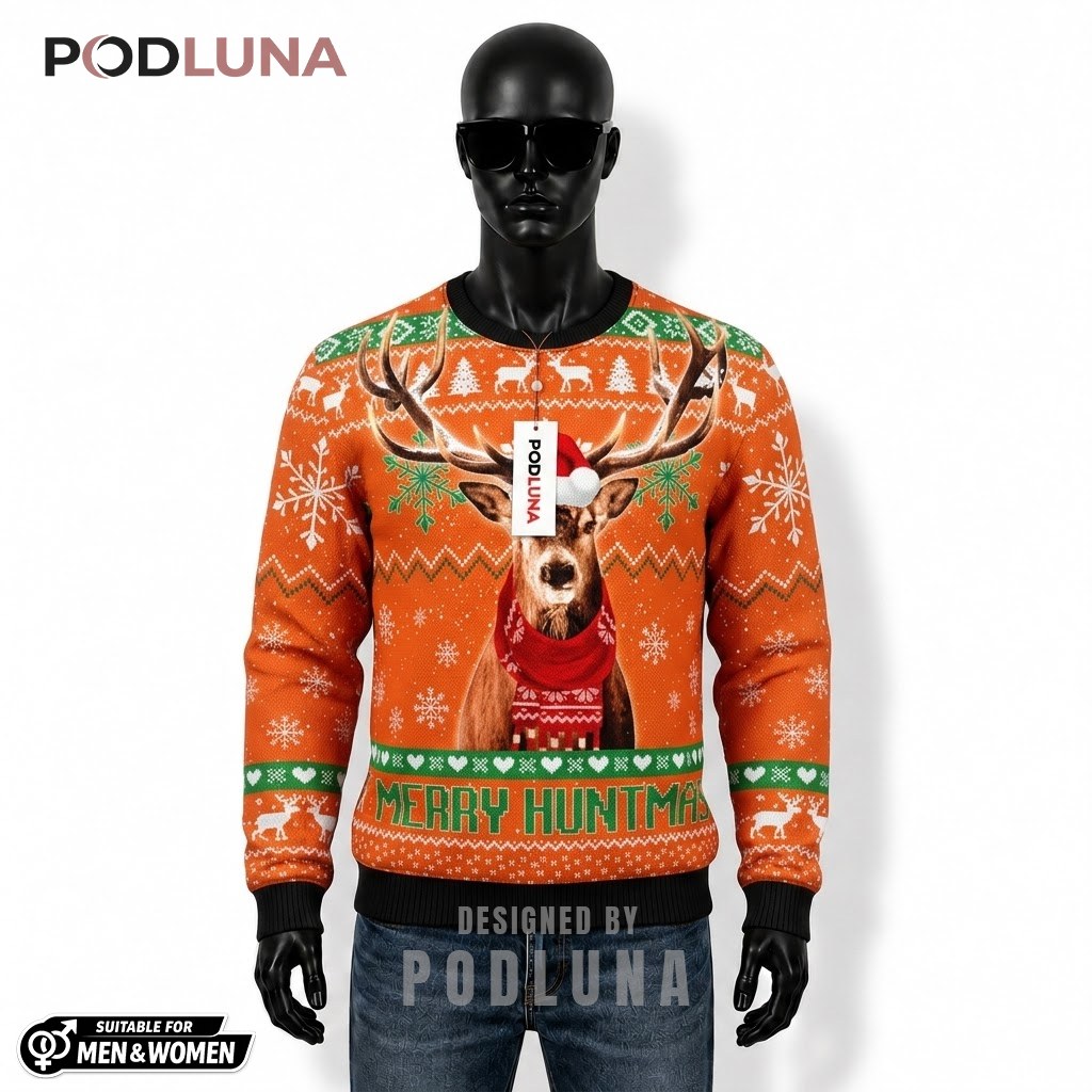 Deer Ugly Sweater Christmas Merry Huntmas Orange Front