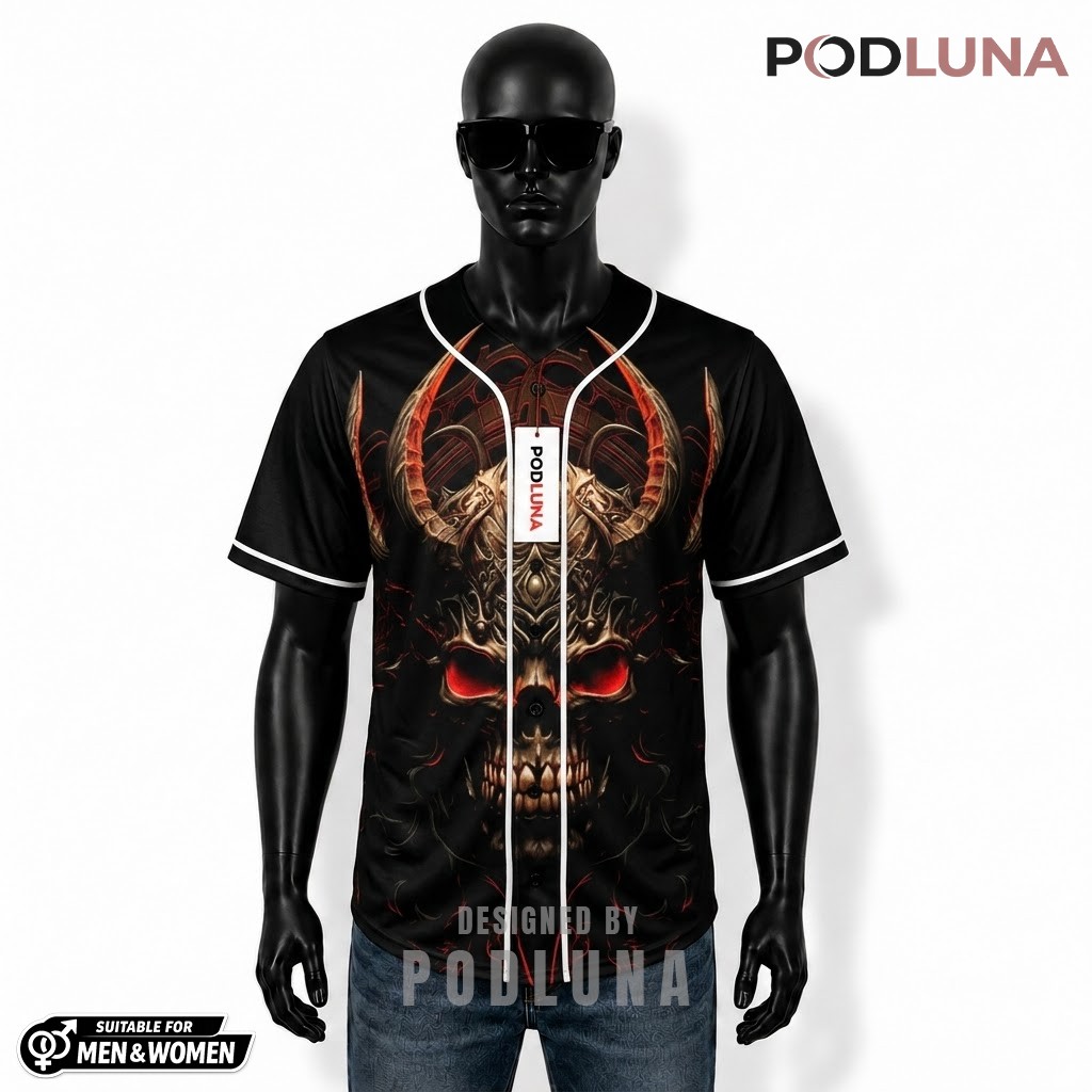 Demon Skull Baseball Jersey Halloween Black Red 1