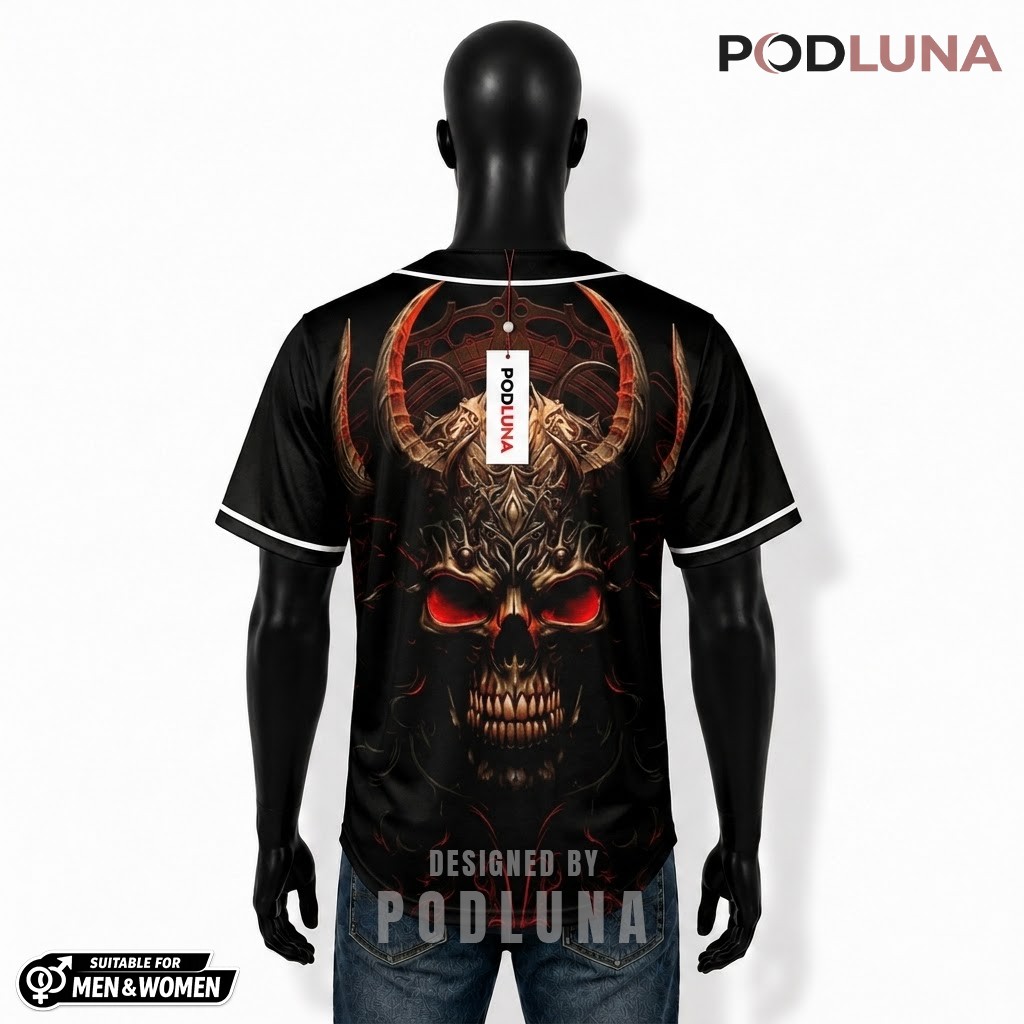 Demon Skull Baseball Jersey Halloween Black Red 2 Demon Skull Baseball Jersey Halloween Black Red 2
