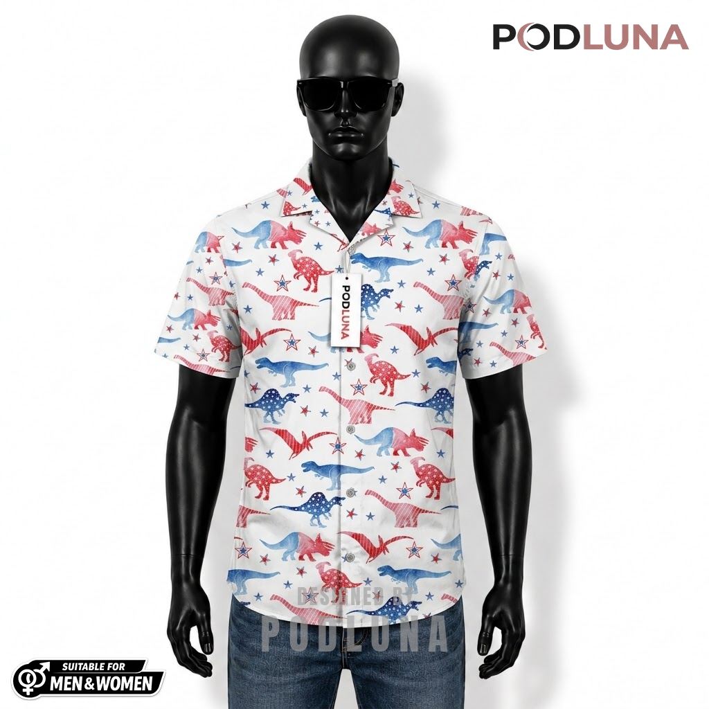 Dinosaur Patriotic Hawaiian Shirt Silhouette Star Design Front