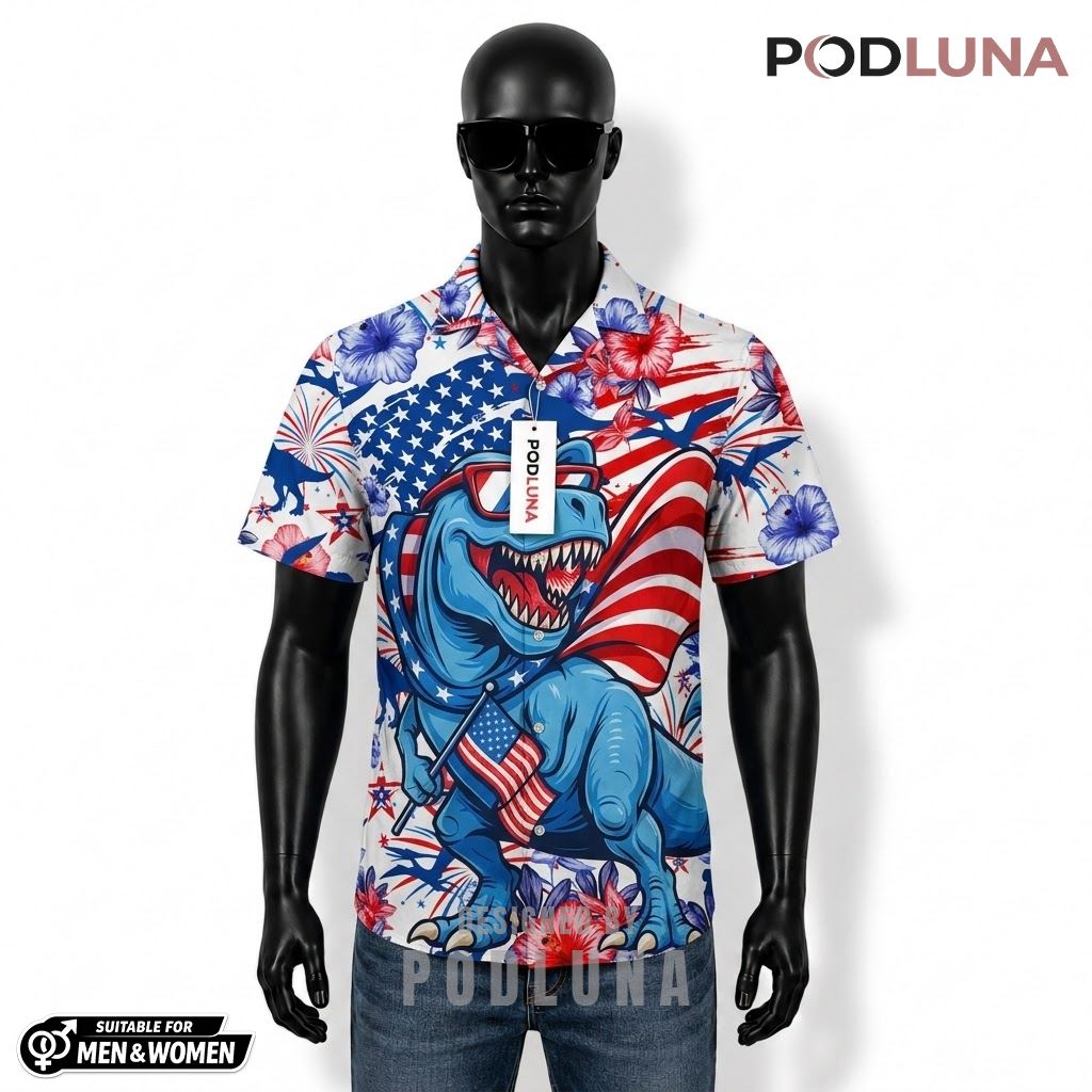 Dinosaur Patriotic Hawaiian Shirt USA Flag Sunglasses Print Front