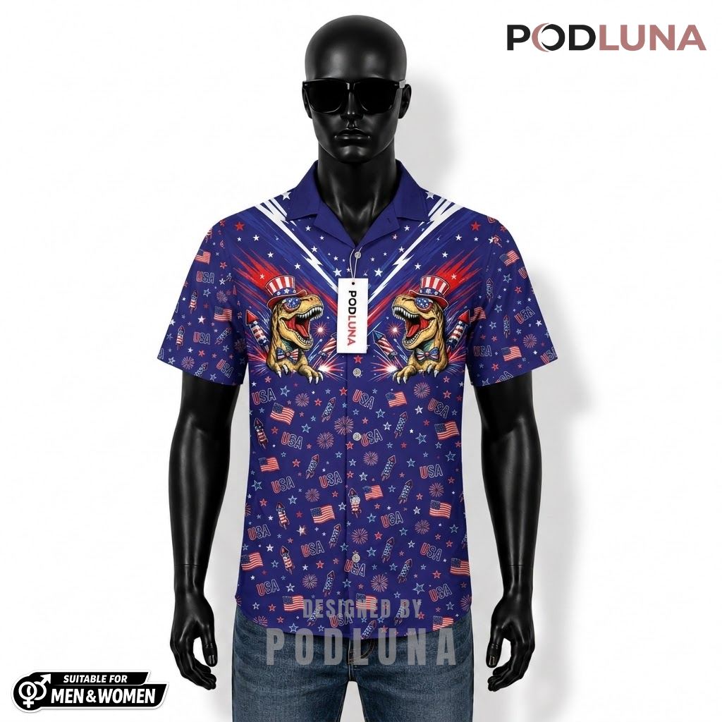 Dinosaur Patriotic Hawaiian Shirt USA Rocket Flag Print Front