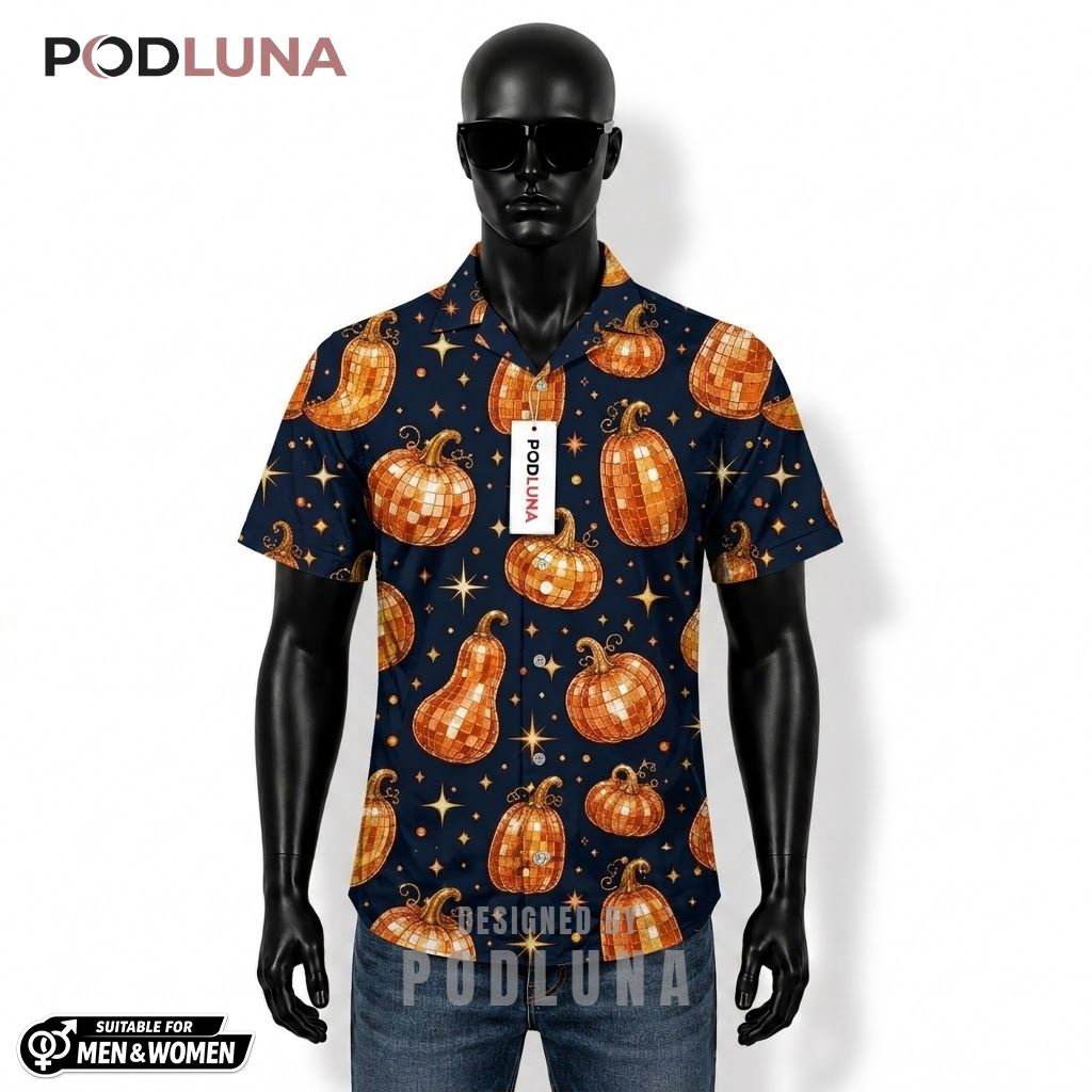 Disco Ball Pumpkin Hawaiian Shirt Fall Autumn Glitter Sparkle Dark Blue Front
