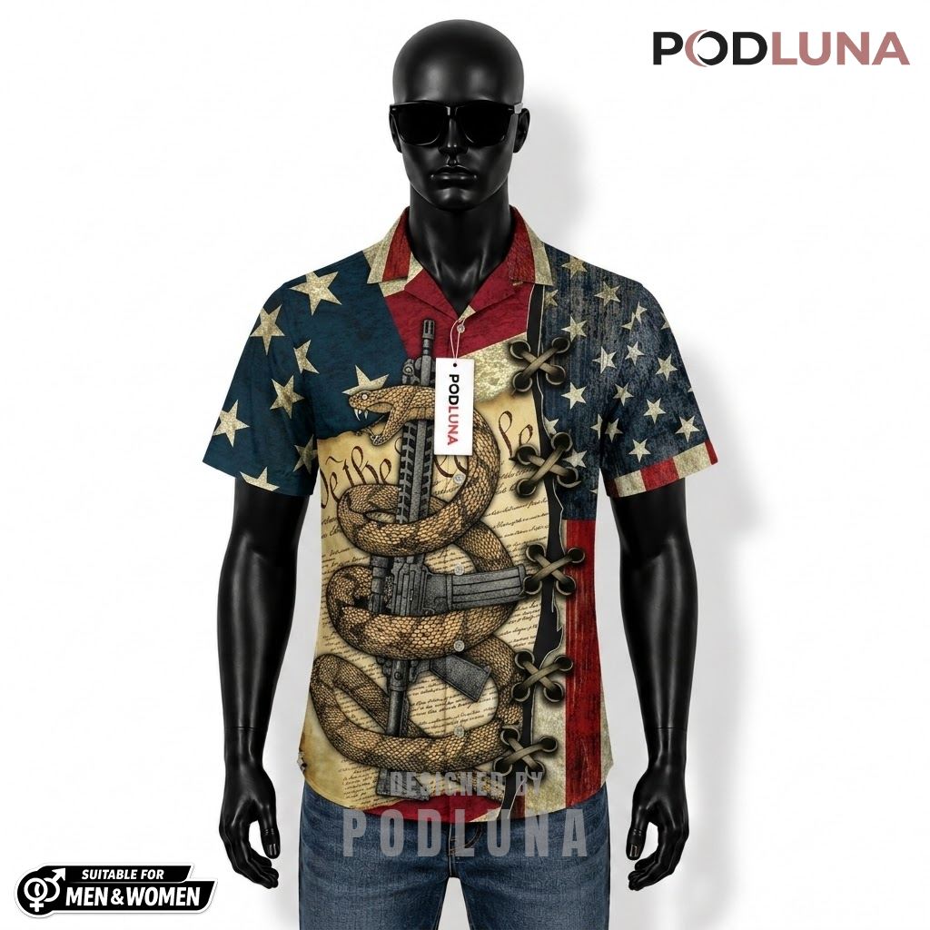 Don't Tread On Me Patriotic Hawaiian Shirt Snake Gun Design Front