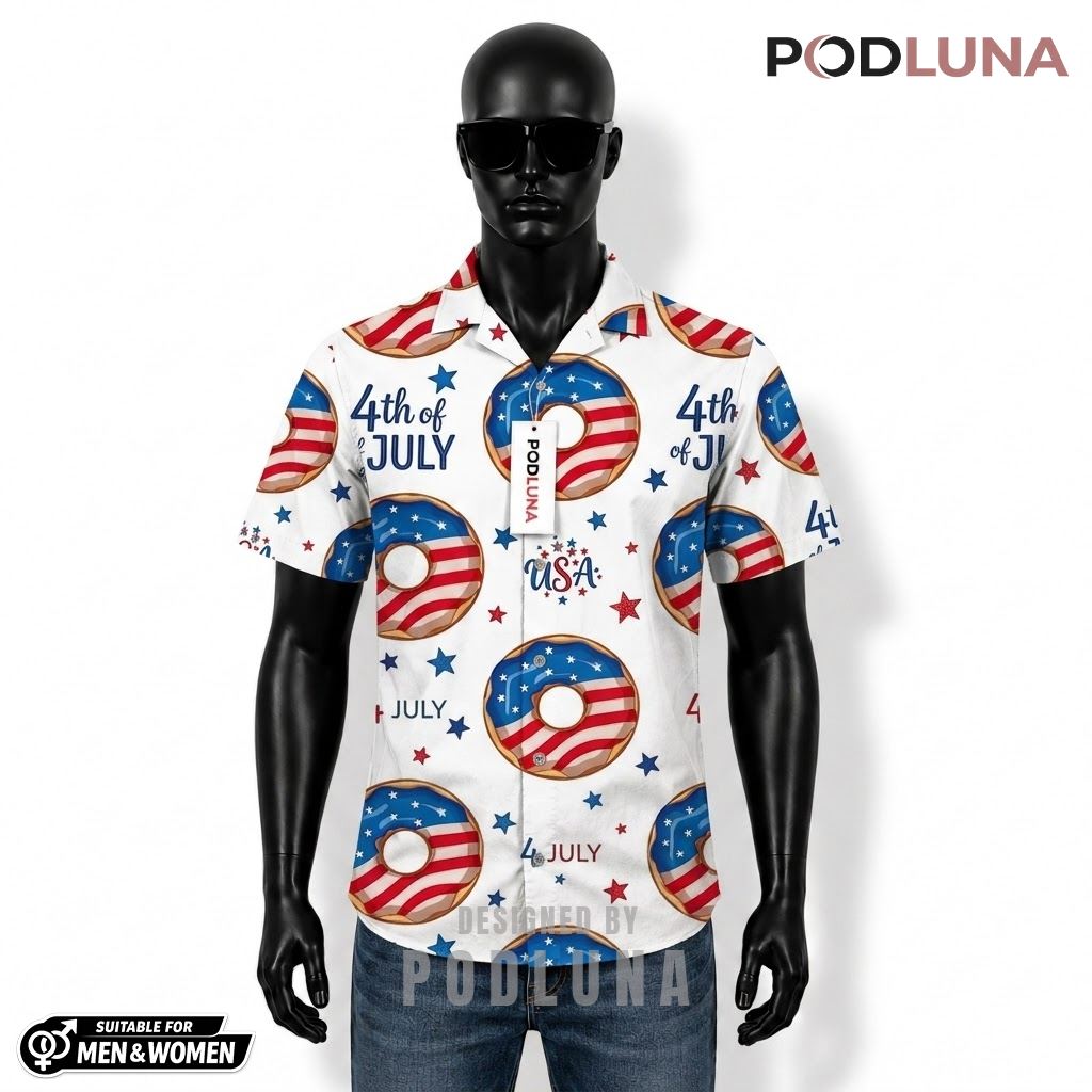 Donut Patriotic Hawaiian Shirt USA Flag 4th July Print Front