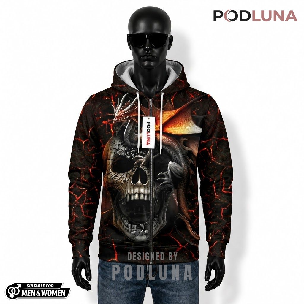 Dragon Skull Halloween 3D Hoodie Lava Crack Zip Print 1