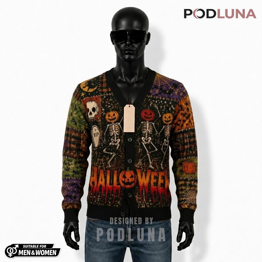 Dripping Halloween Cardigan Skeleton Pumpkin 1