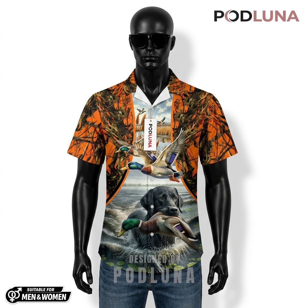 Duck Hunting Hawaiian Shirt Retriever Lake Orange Front