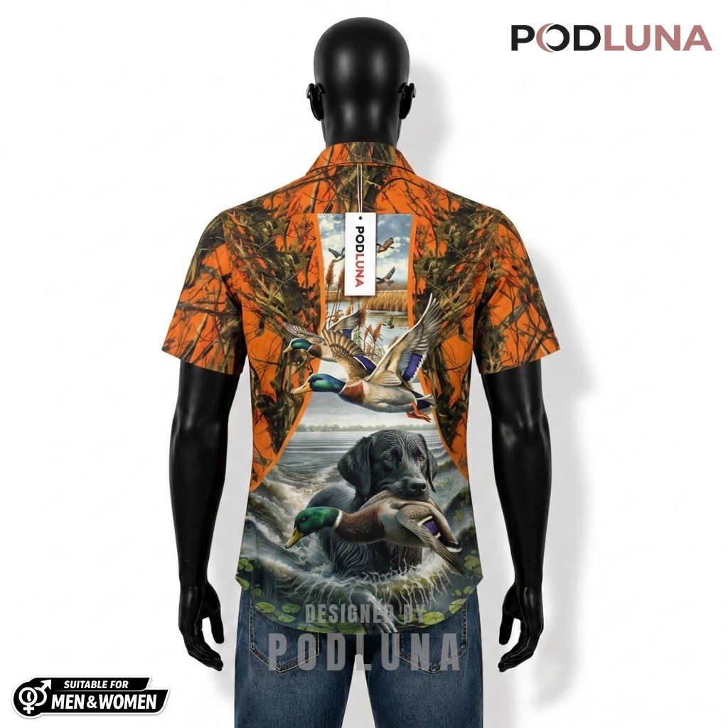 Duck Hunting Hawaiian Shirt Retriever Lake Orange Back Duck Hunting Hawaiian Shirt Retriever Lake Orange Back