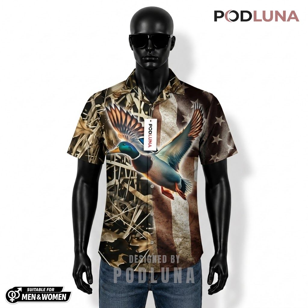 Duck Hunting Hawaiian Shirt Vintage Flag Reed Front