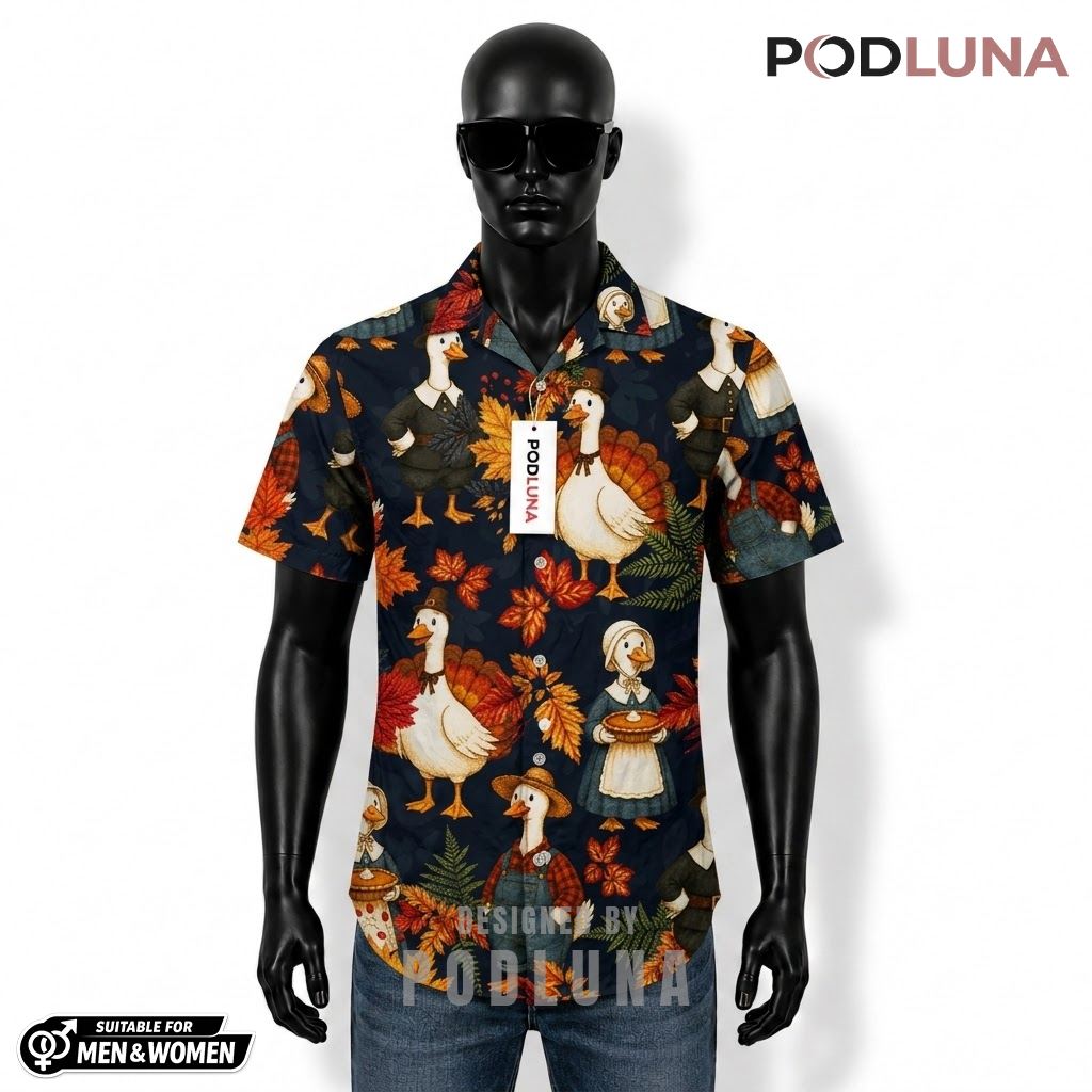Duck Thanksgiving Hawaiian Shirt Pilgrim Autumn Leaves Front