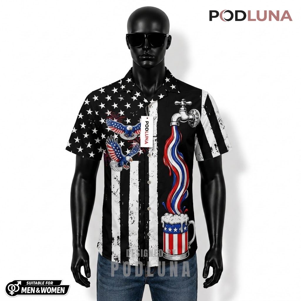 Eagle Beer Hawaiian Shirt Faucet Black White Pattern Front