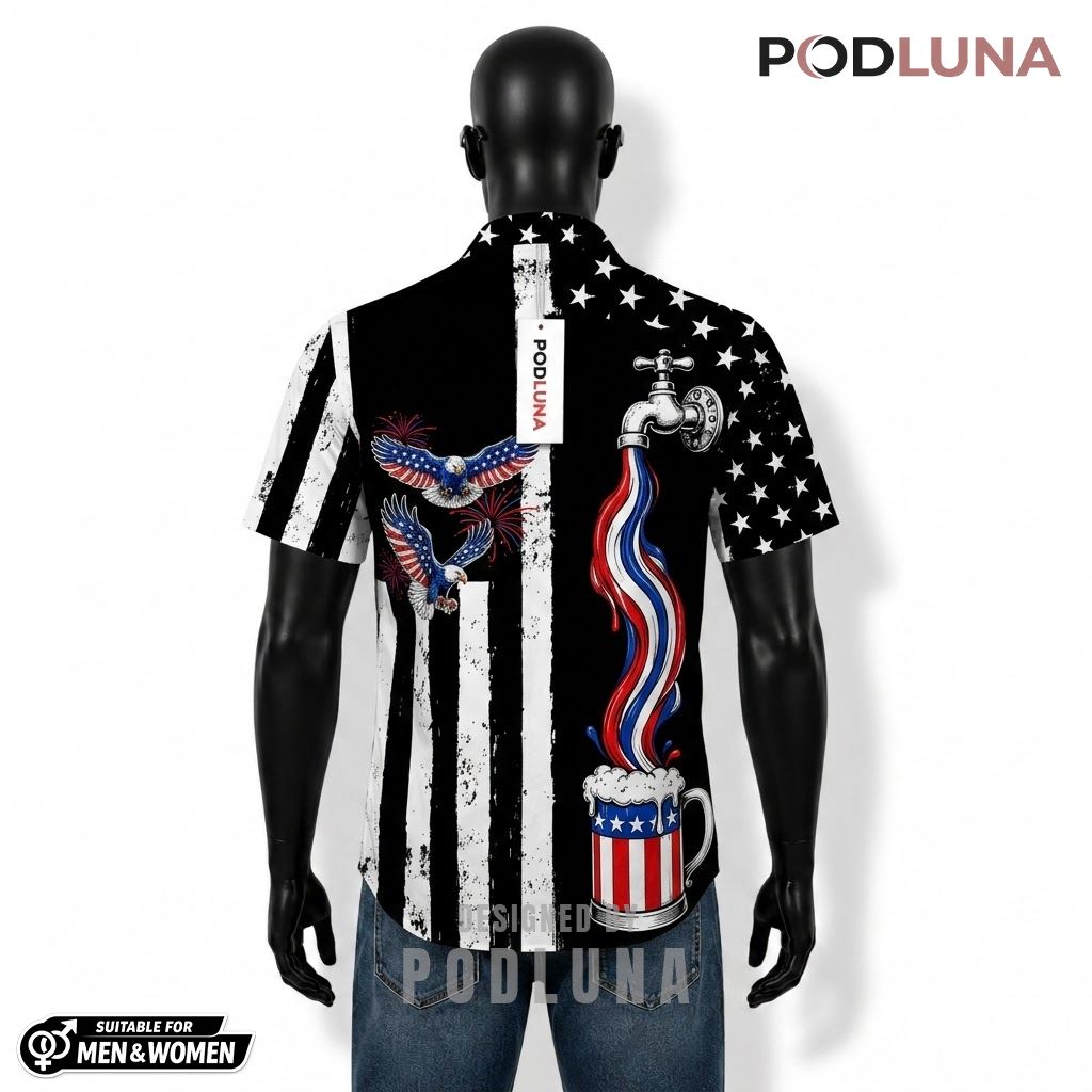 Eagle Beer Hawaiian Shirt Faucet Black White Pattern Back Eagle Beer Hawaiian Shirt Faucet Black White Pattern Back