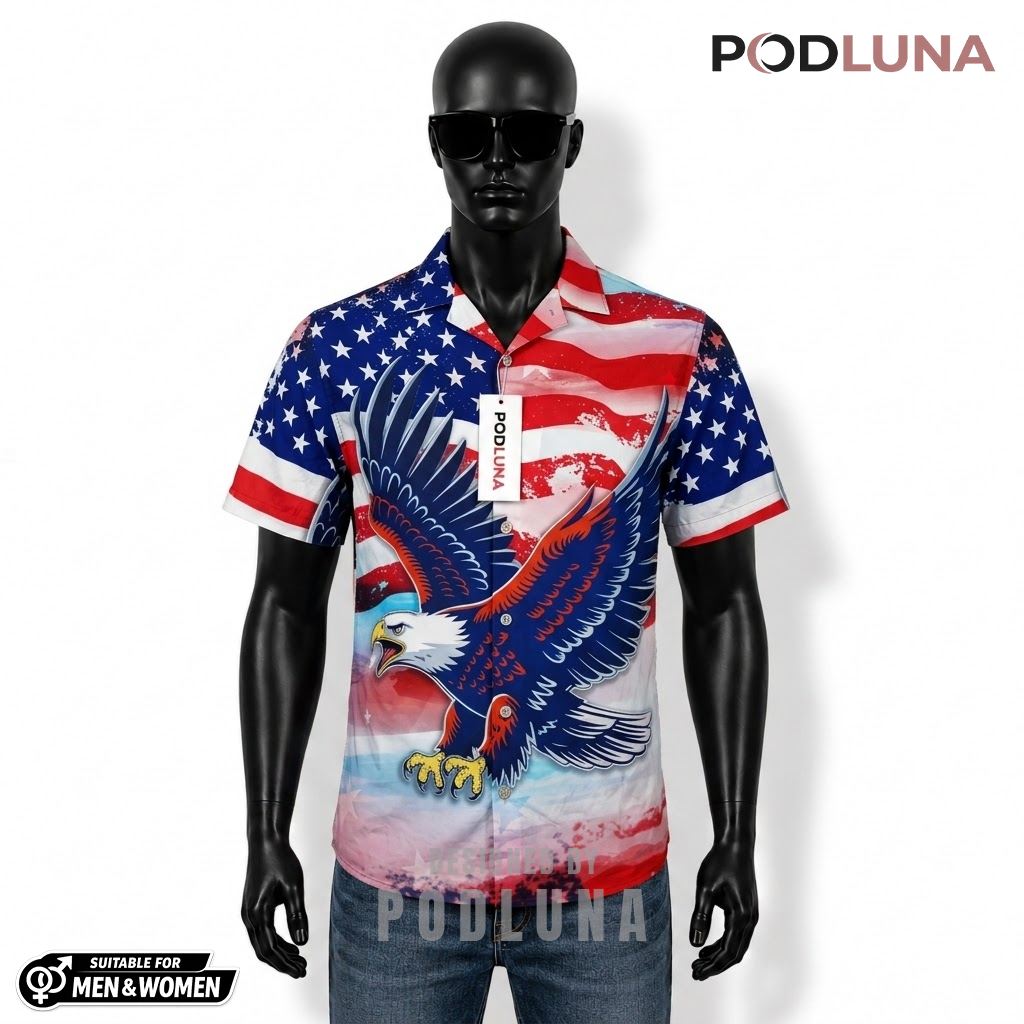 Eagle Patriotic Hawaiian Shirt American Flag Wings Print Front